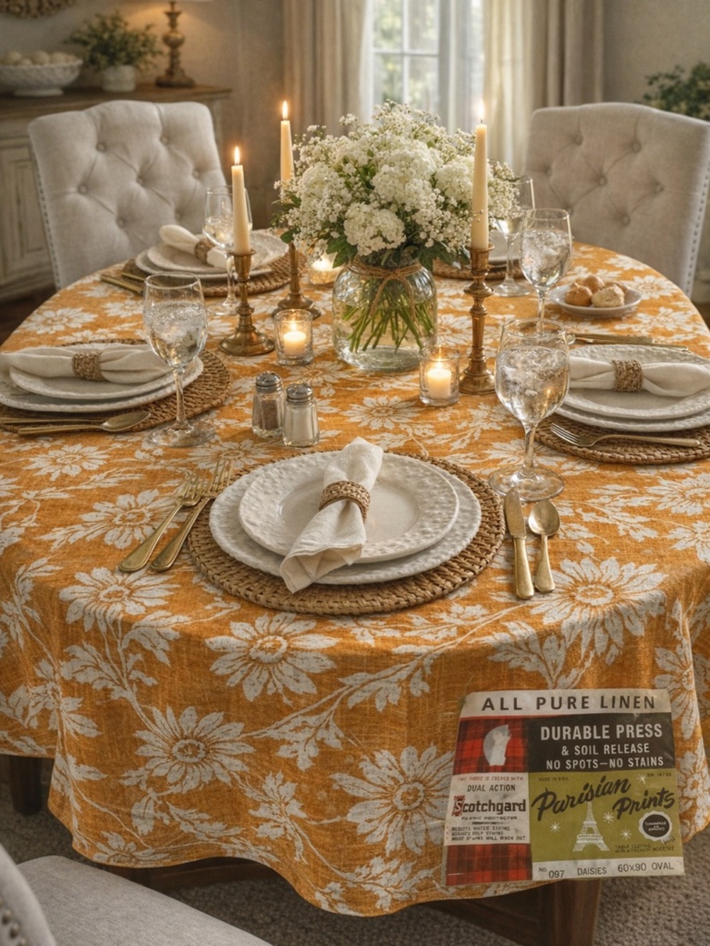 Parisian Prints Pure Linen oval tablecloth vintage daisies USA orange white new